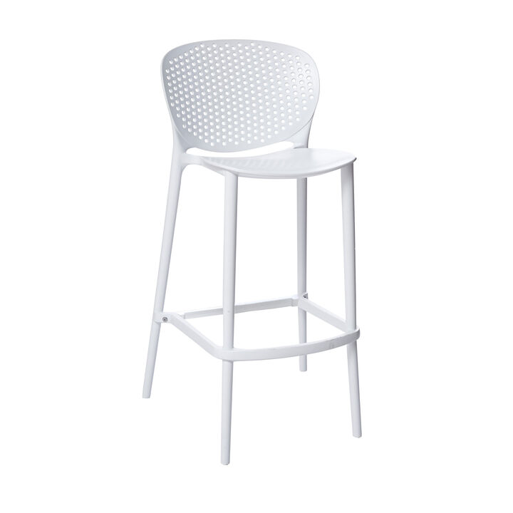 Celin 30 Inch Barstool Chair, Set of 4, Stackable, Mesh, Curved Seat, White - Benzara