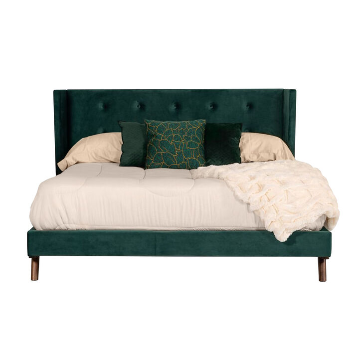 Dury King Size Platform Bed, Green Velvet Upholstery, Tufted Wingback - Benzara