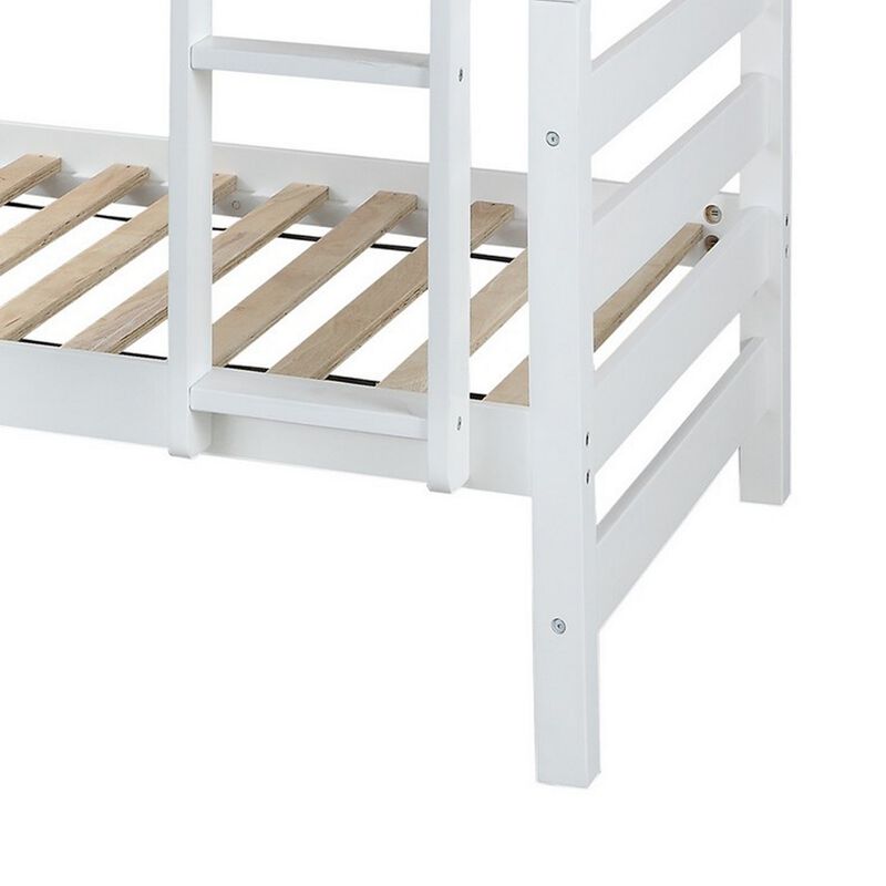 Wooden Twin Over Twin Bunk Bed with Attached Ladder, White-Benzara