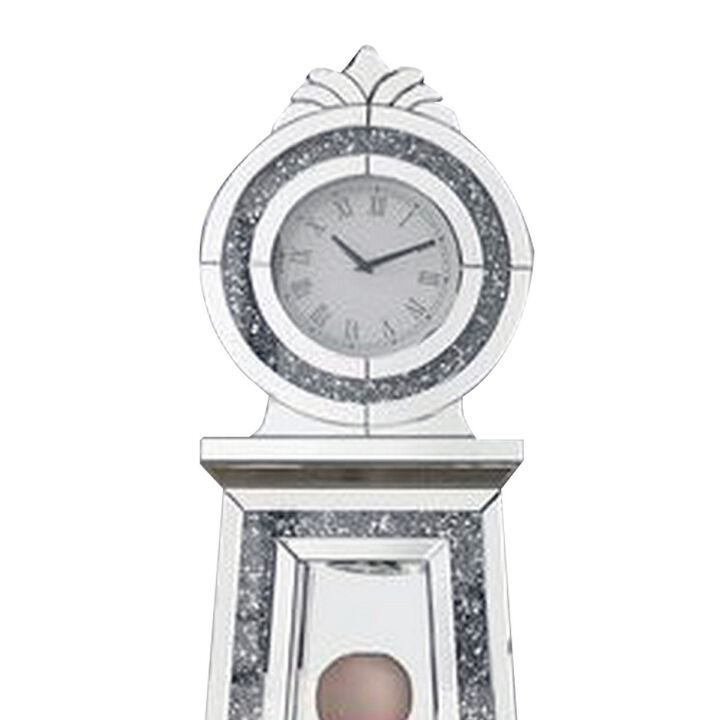 Mirrored Grandfather Clock with 3 Open Compartments, Silver-Benzara