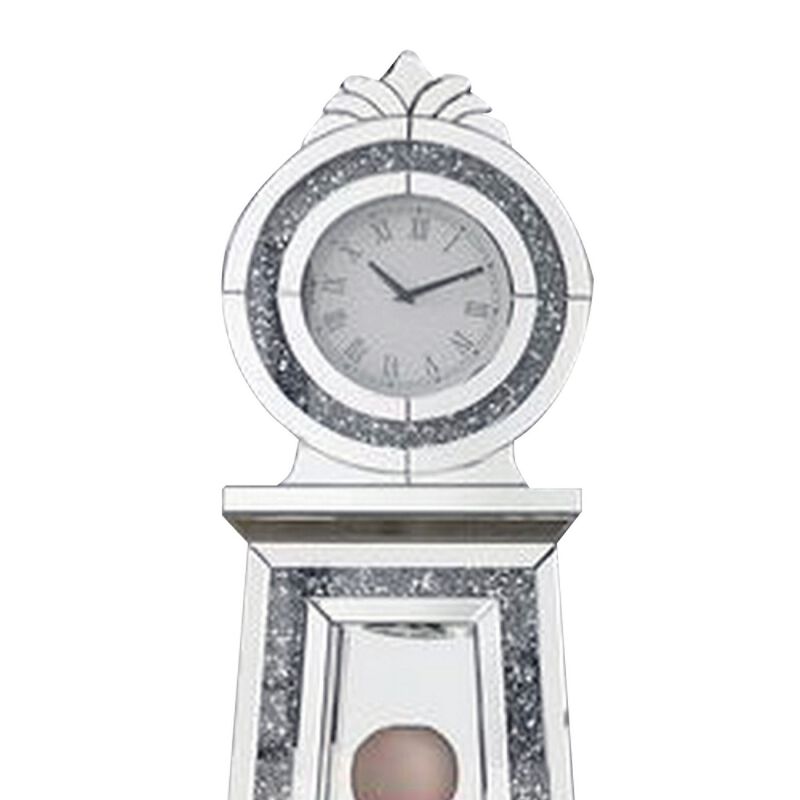 Mirrored Grandfather Clock with 3 Open Compartments, Silver-Benzara