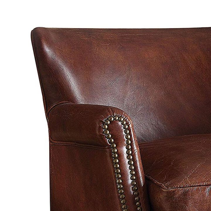 Leather Upholstered Accent Chair With Nail head Trim, Dark Brown-Benzara
