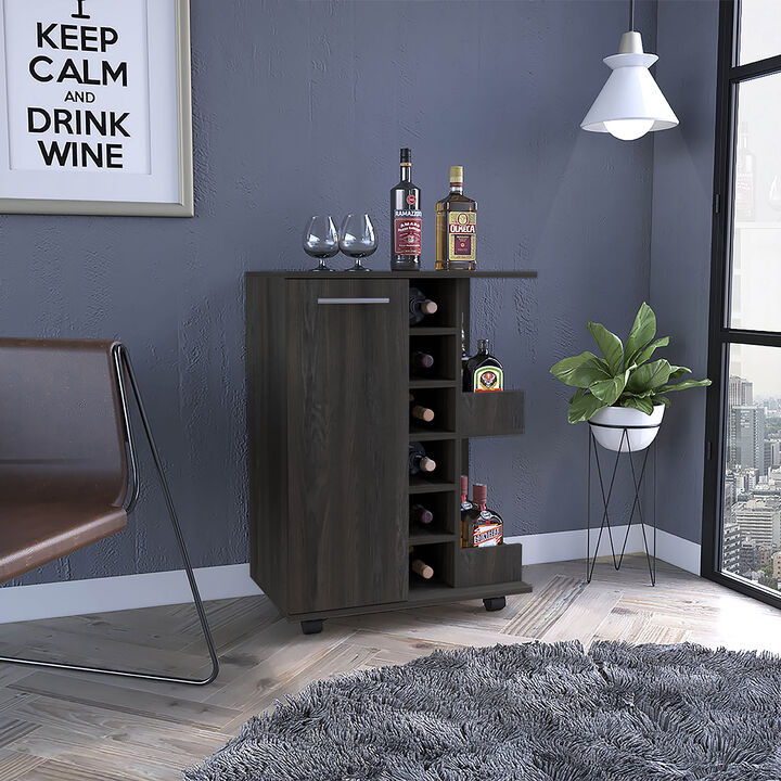 DEPOT E-SHOP Magda Bar Cart, Four Casters, Six Built-in Wine Rack, Single Door Cabinet, Two External Shelves, Carbon Espresso