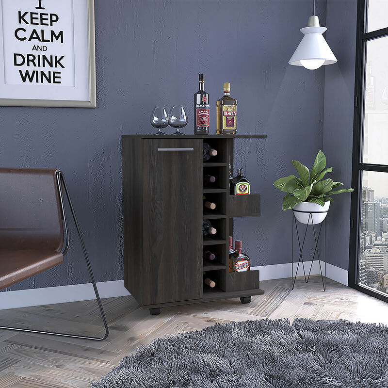 DEPOT E-SHOP Magda Bar Cart, Four Casters, Six Built-in Wine Rack, Single Door Cabinet, Two External Shelves, Carbon Espresso