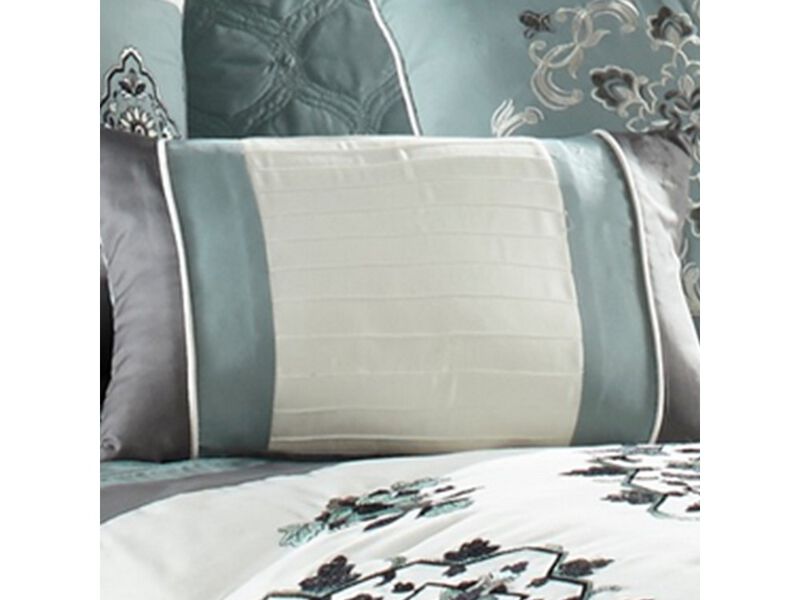 7 Piece King Polyester Comforter Set with Floral Details, Blue and Gray - Benzara