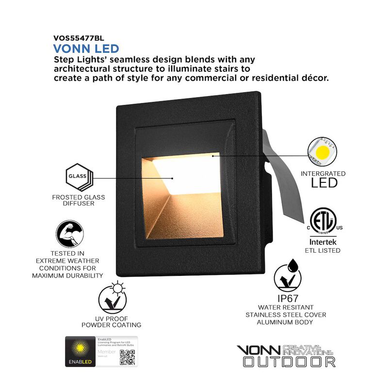 VONN Lighting Low-Voltage 2-Watt Integrated LED Outdoor Steps Light in Matte Black