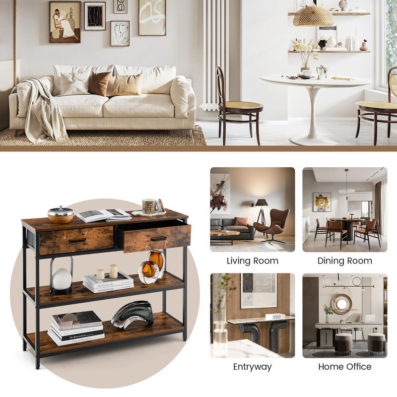 Console Table with Folding Fabric Drawers for Entryway-Rustic Brown