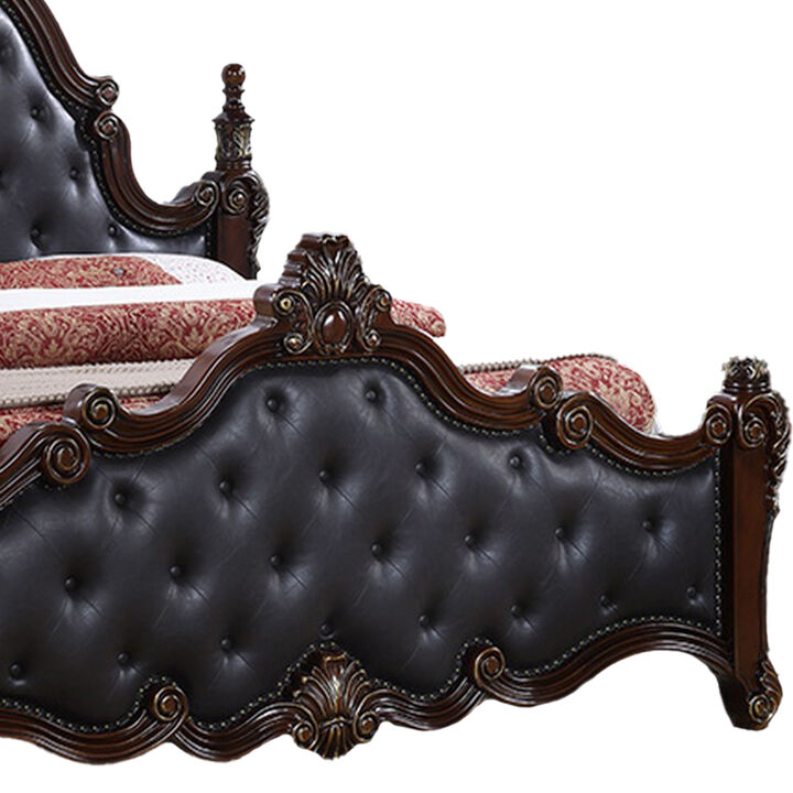 Moni Queen Bed, Black Button Tufted Classical Upholstery, Cherry Brown Wood - Benzara