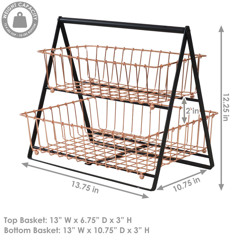 Sunnydaze 2-Tier Wire Storage Basket with Handle for Countertop - Copper