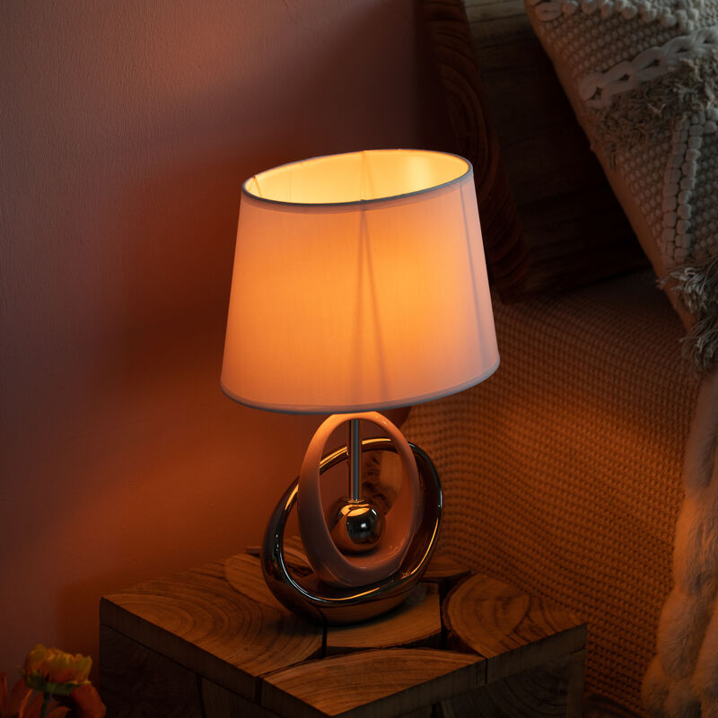 Table Lamps, Decorative Ceramic Table Lamp, with Beige, Brown, and White Stones and Beige Linen Lampshade, 14 inches tall, Unique Lamp for Living Room or Bedroom, Set of 2
