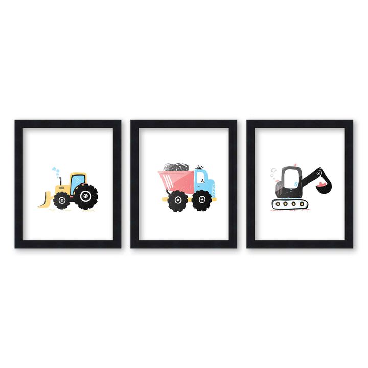 8x10 Framed Nursery Wall Art Set of 3 Hand Drawn Construction Prints in Black Wood Frames