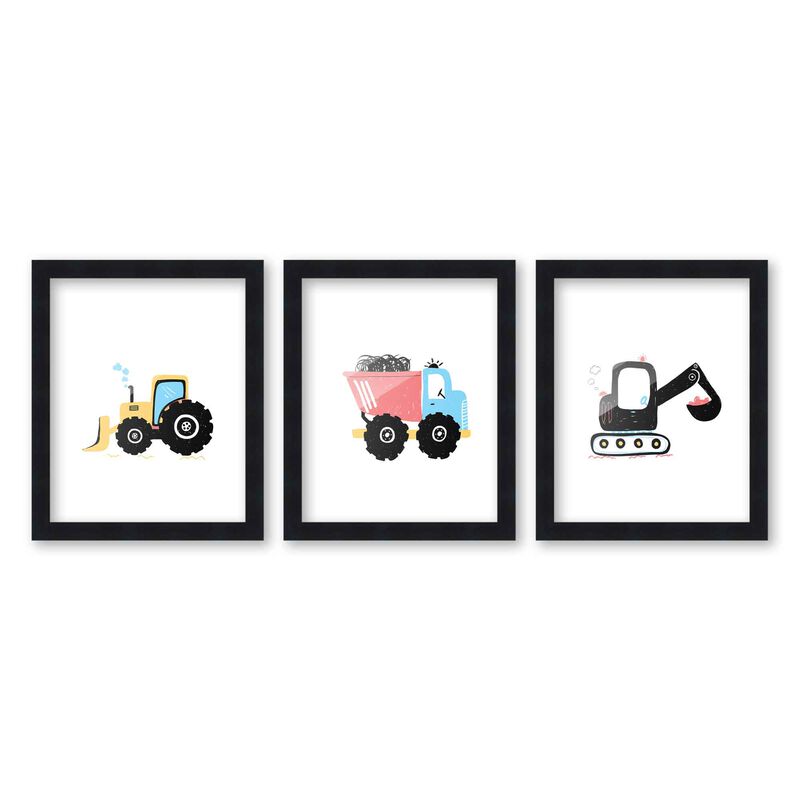 8x10 Framed Nursery Wall Art Set of 3 Hand Drawn Construction Prints in Black Wood Frames