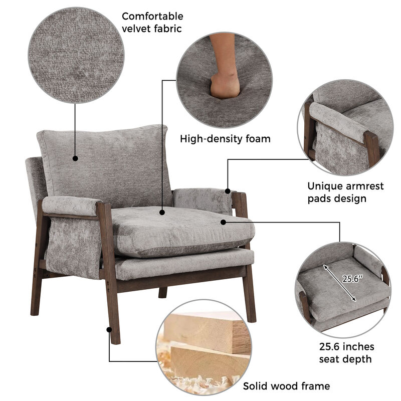 Mid-Century Modern Velvet Accent Chair,Leisure Chair with Solid Wood and Thick Seat Cushion
