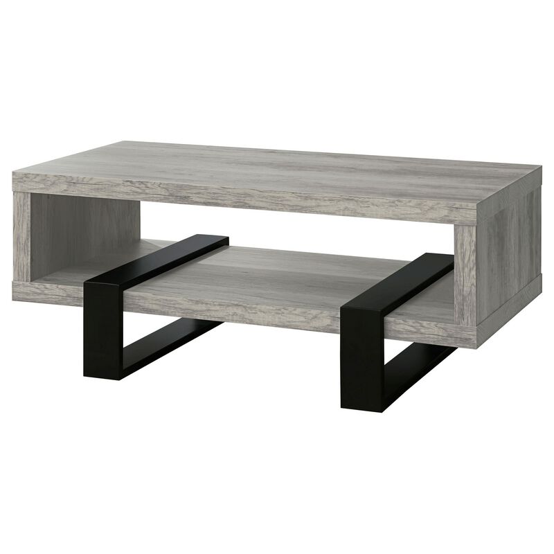 Modern Driftwood Open Shelf Coffee Table, Gray and Black - Benzara