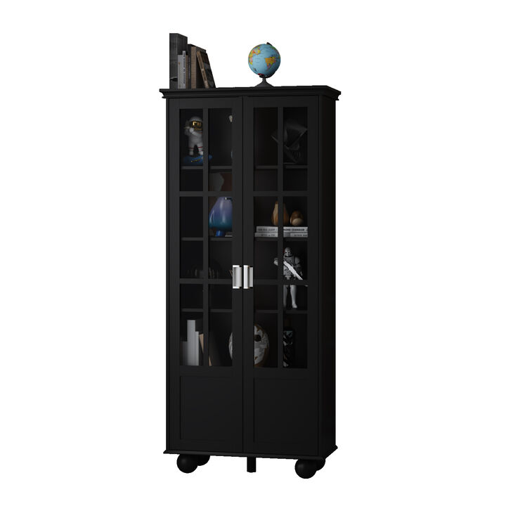 31.5 in. W, Black Wooden 2-Door Standard Bookcase, Storage Cabinet with 5 Shelves Storage and Tempered Glass Doors