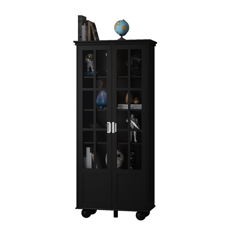 31.5 in. W, Black Wooden 2-Door Standard Bookcase, Storage Cabinet with 5 Shelves Storage and Tempered Glass Doors