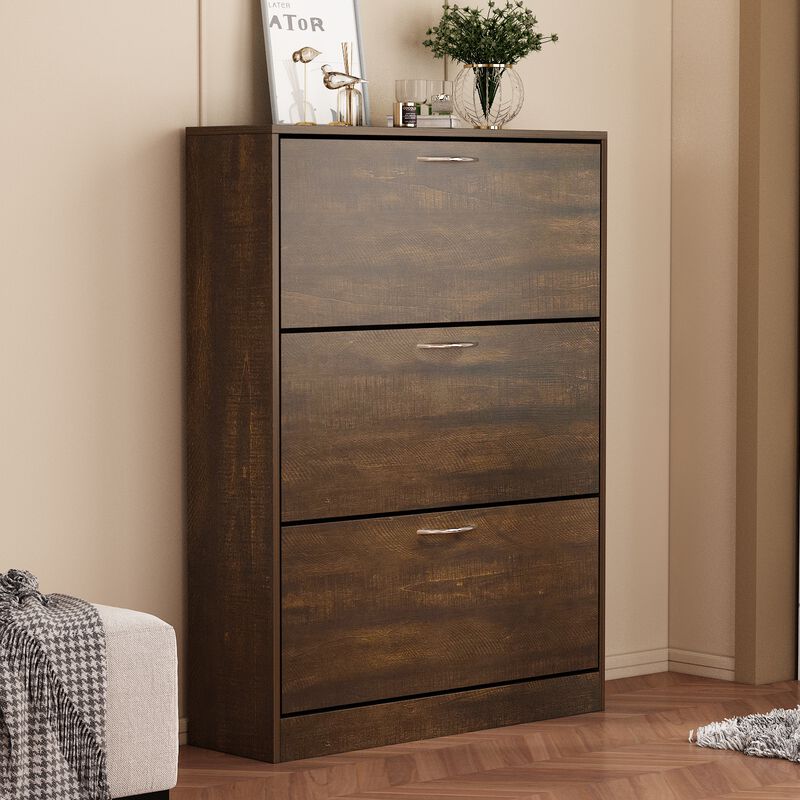 FUFU&GAGA 47.2-in H 3 Tier 12 Pair Composite Shoe Cabinet,(31.6" W x 9.3" D x 47.2" H), Brown