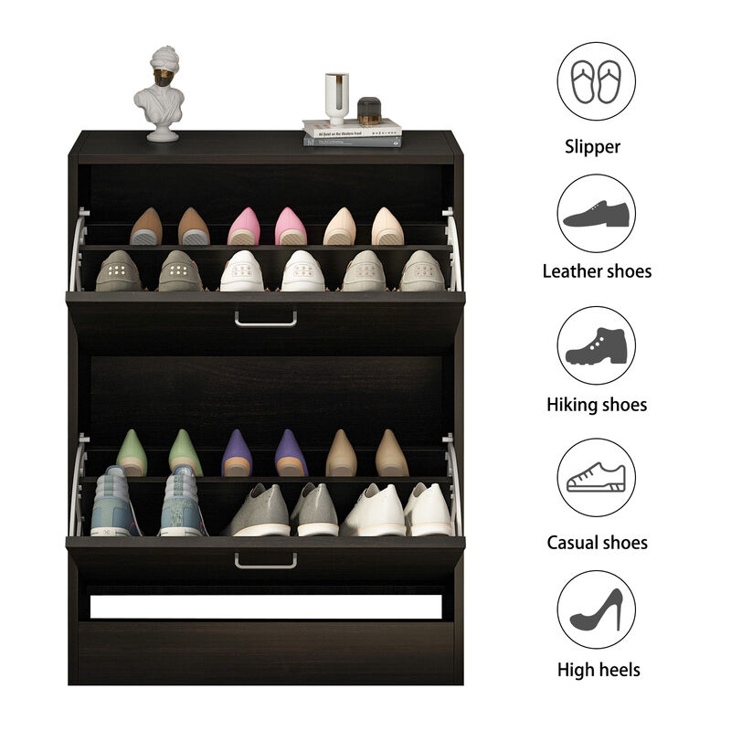 23.6 in. W x 31.4 in. H 12-Pair Black Wood 2-Drawer Shoe Storage Cabinet with Foldable Compartments