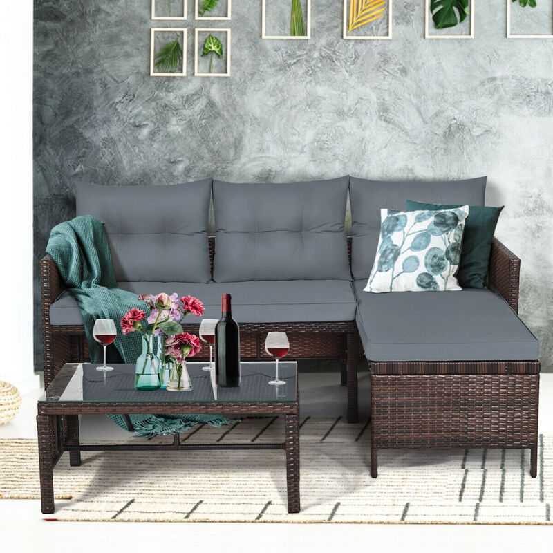 3 Pieces Outdoor Patio Corner Rattan Sofa Set-Grey