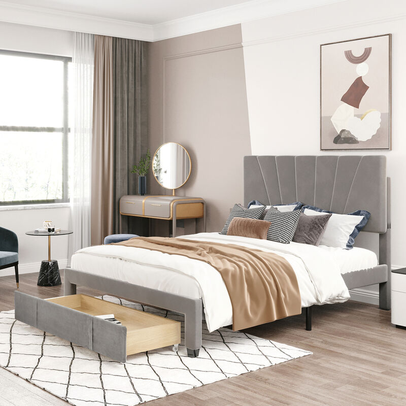 Queen Size Storage Bed Velvet Upholstered Platform Bed with a Big Drawer