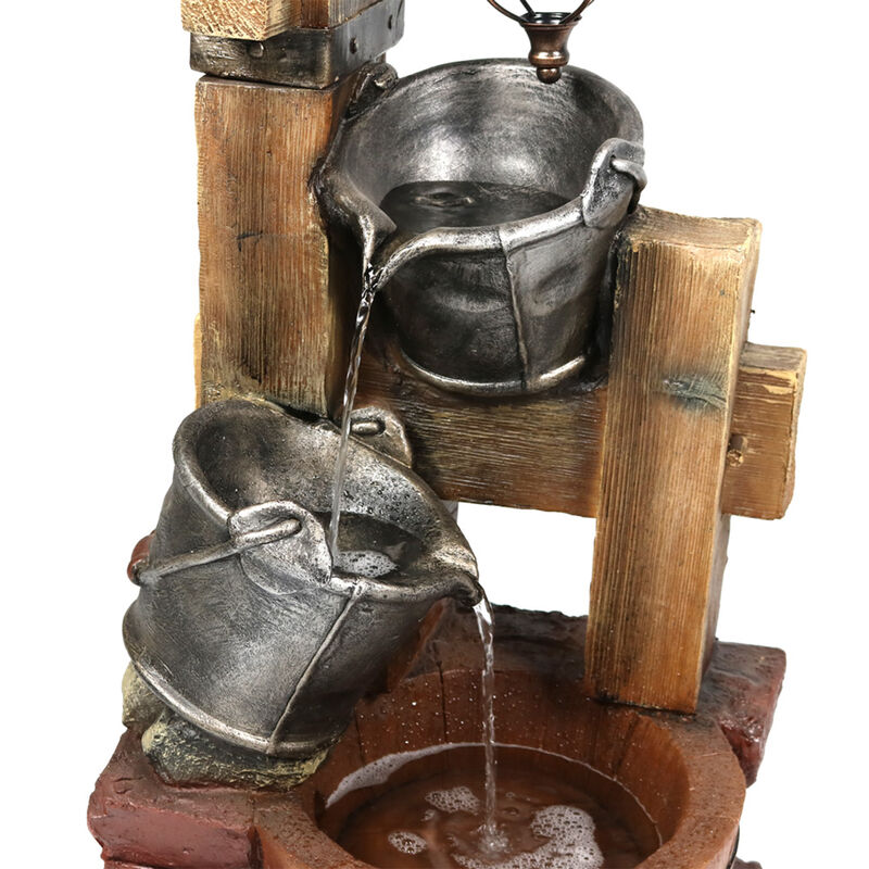Sunnydaze Rustic Pouring Buckets Water Fountain and Solar Lantern - 34 in