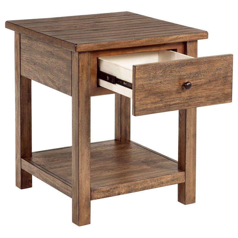 Ayne Side End Table, 1 Shelf, 1 Drawer, Brown Wood, Square 20 Inch - Benzara