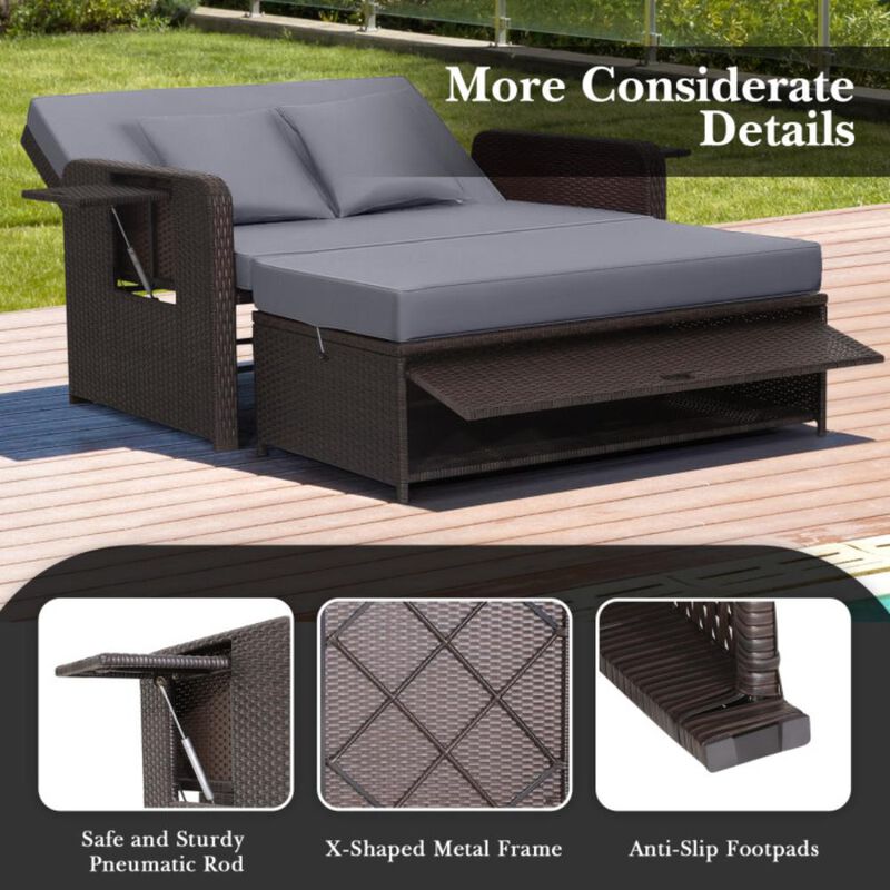 Hivvago Patio Rattan Daybed with 4-Level Adjustable Backrest and Retractable Side Tray