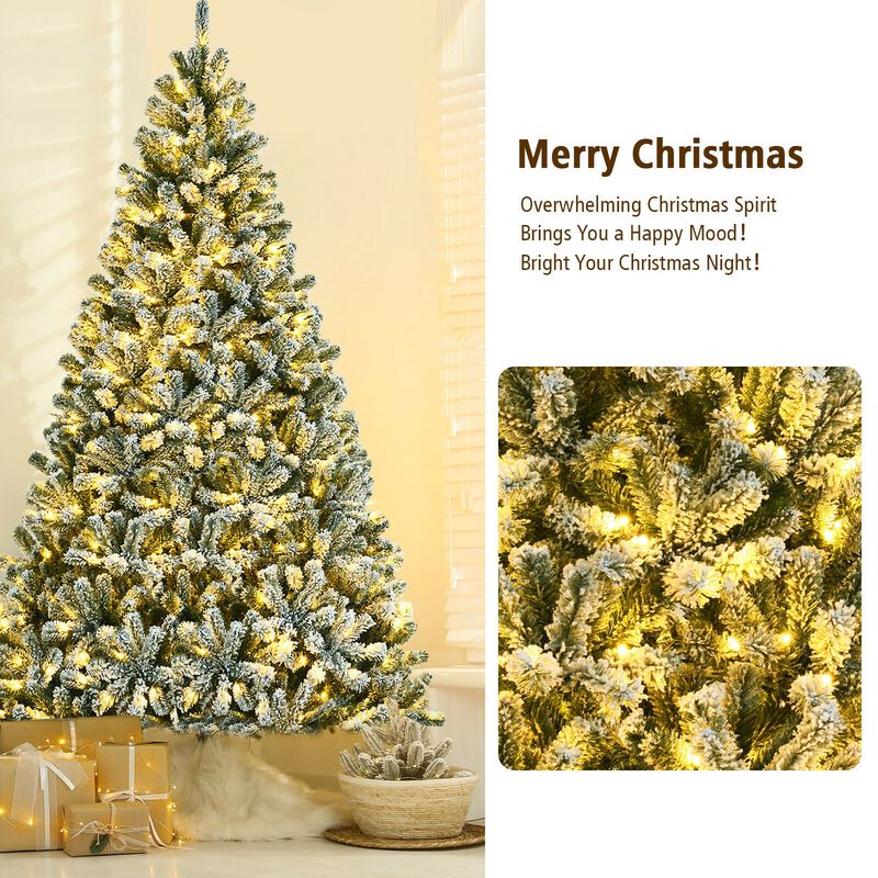 Pre-lit Snow Flocked Hinged Christmas Tree with Tips and Metal Stand
