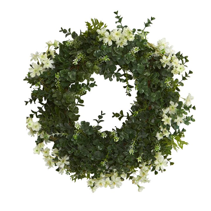Hivvago 18" Eucalyptus and Dancing Daisy Double Ring Artificial Wreath with Twig Base