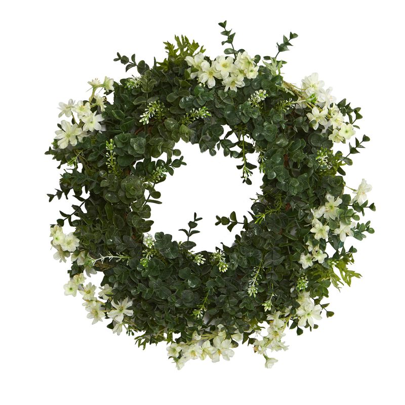 Hivvago 18" Eucalyptus and Dancing Daisy Double Ring Artificial Wreath with Twig Base