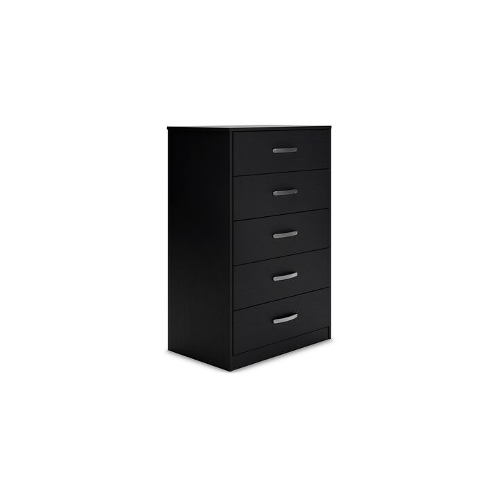 Finny Tall Dresser Chest, 5 Drawer, Matte Black, Silver Metal, 46 Inch - Benzara