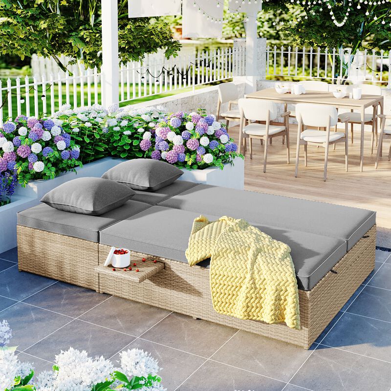 MONDAWE Outdoor Double Sunbed, Wicker Rattan Patio Reclining Chairs with Adjustable Backrest and Seat, Conversational Set