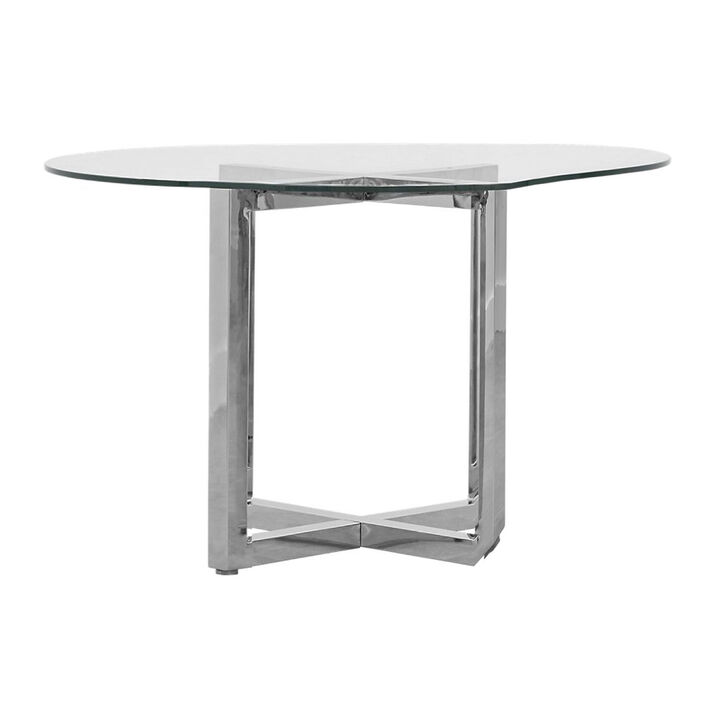Eun 48 Inch Round Dining Table with Clear Glass Top, Cross Base, Chrome - Benzara