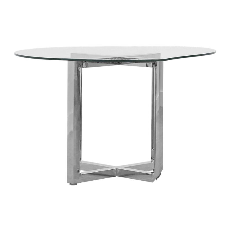 Eun 48 Inch Round Dining Table with Clear Glass Top, Cross Base, Chrome - Benzara