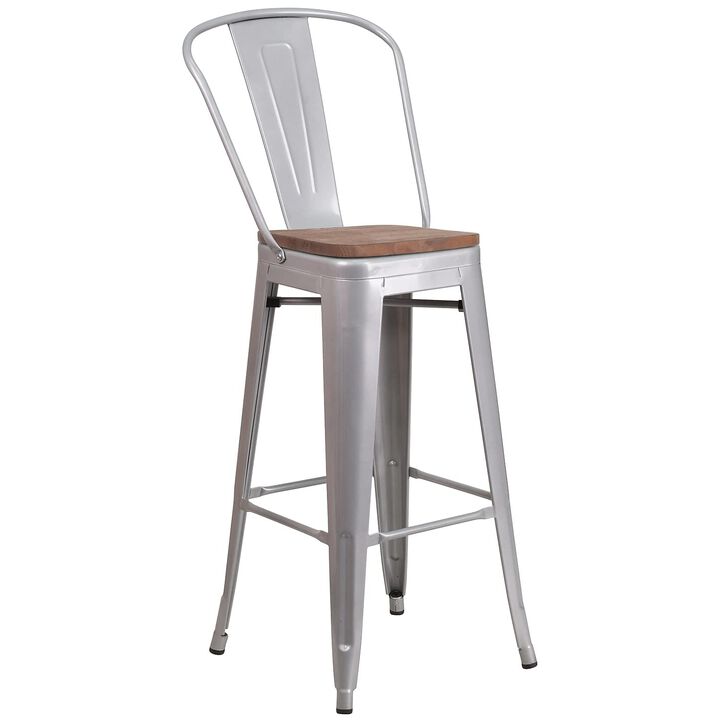 Flash Furniture Carly 24" High Crystal Teal-Blue Metal Counter Height Stool with Back and Wood Seat