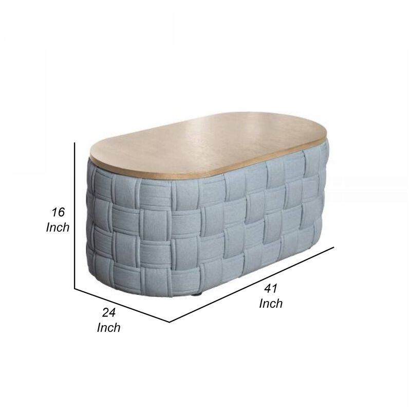 Reah Coffee Table, Knitted Light Blue Chenille, Brown Wood, 41 Inch - Benzara