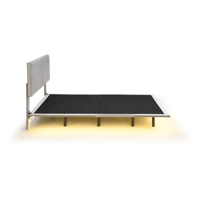 Queen Size Upholstered Bed With Sensor Light And Headboard, Floating Velvet Platform Bed, Gray