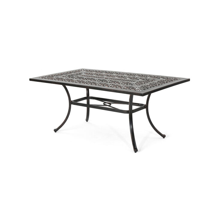 Shaili Outdoor Dining Table, Rectangular 68 Inch, Shiny Copper Cast Metal - Benzara