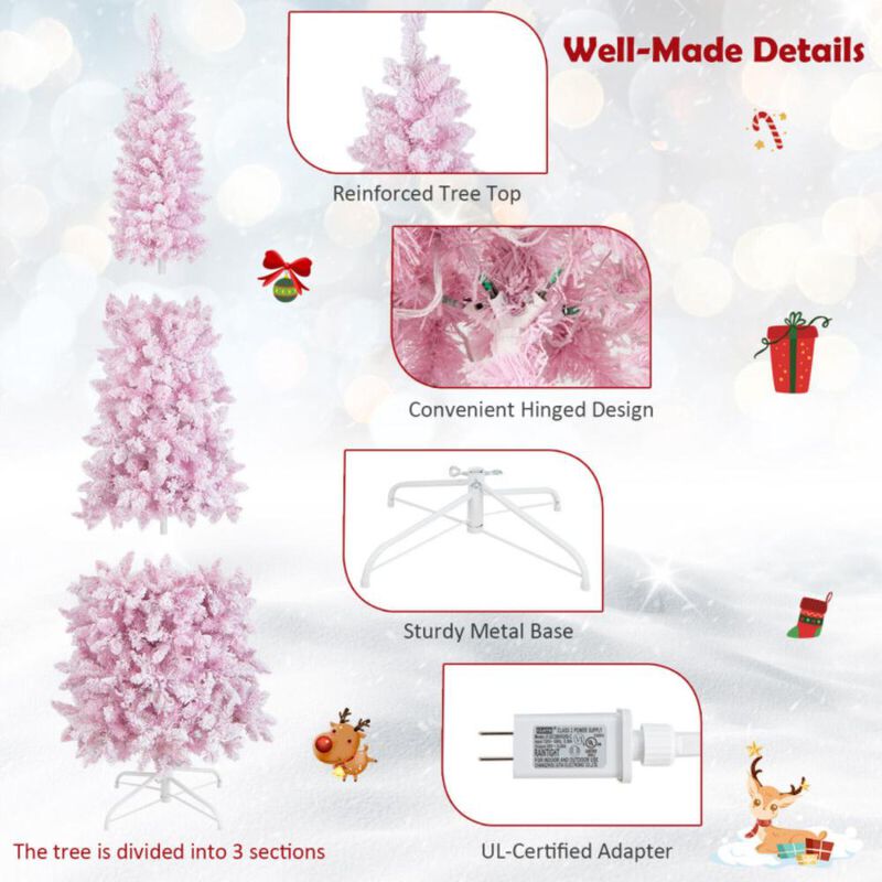 Hivvago 7 Feet Pre-Lit Snow Flocked Hinged Pencil Christmas Tree with 300 Lights and 8 Modes