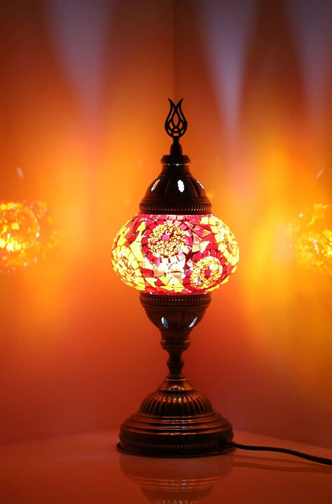 14.5 in. Handmade Red Separated Circles Mosaic Glass Table Lamp with Brass Color Metal Base