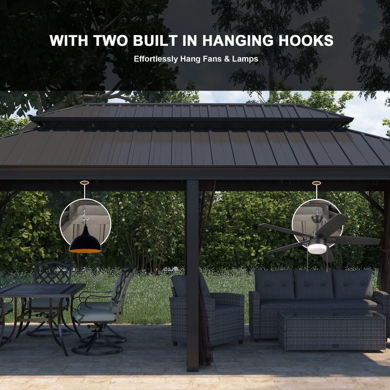 Mondawe 12 ft. x 20 ft. Outdoor Aluminum Frame Gazebo with Mosquito Netting Hardtop Canopy Shelter Iron Double Roof Pavilion