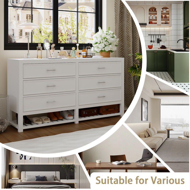 FUFU&GAGA Modern White 6-Drawer Dresser with Open Storage Shelf,（63” W x 15.7” D x 33.1” H), White