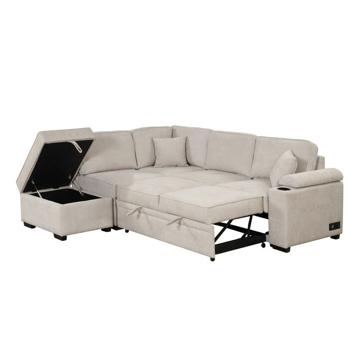 87.4" Sleeper Sofa Bed, 2 In 1 Pull Out Sofa Bed L Shaped Couch With Storage Ottoman