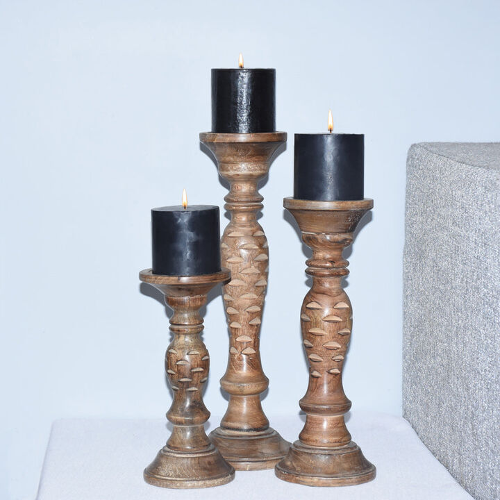 Traditional Medium Burnt Eco-friendly Handmade Mango Wood Set Of Three 9",12" & 15" Pillar Candle Holder