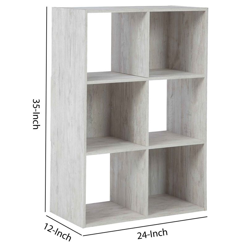 6 Cube Wooden Organizer with Grain Details, Washed White - Benzara
