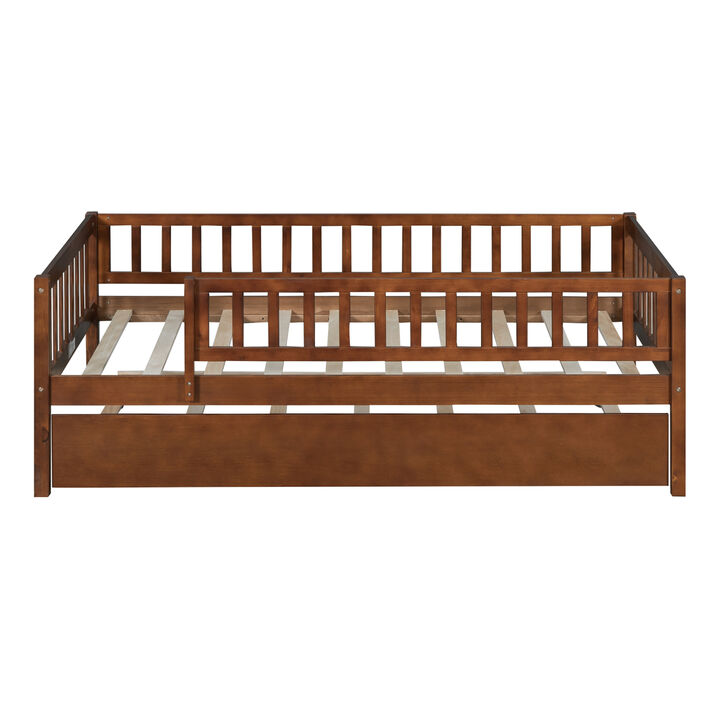 Twin Size Wood Daybed With Trundle And Fence Guardrails