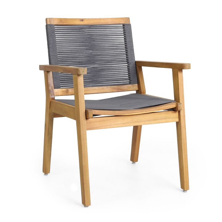 Outdoor Dining Chair Set of 2, 35 Inch Gray Woven, Brown Acacia Wood - Benzara