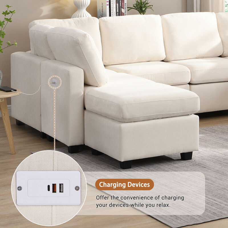 103" Sectional Sofa Couch Sofa Bed U-shaped Sofa with Two Movable Ottoman and Three USB Ports for Living Room, Grey