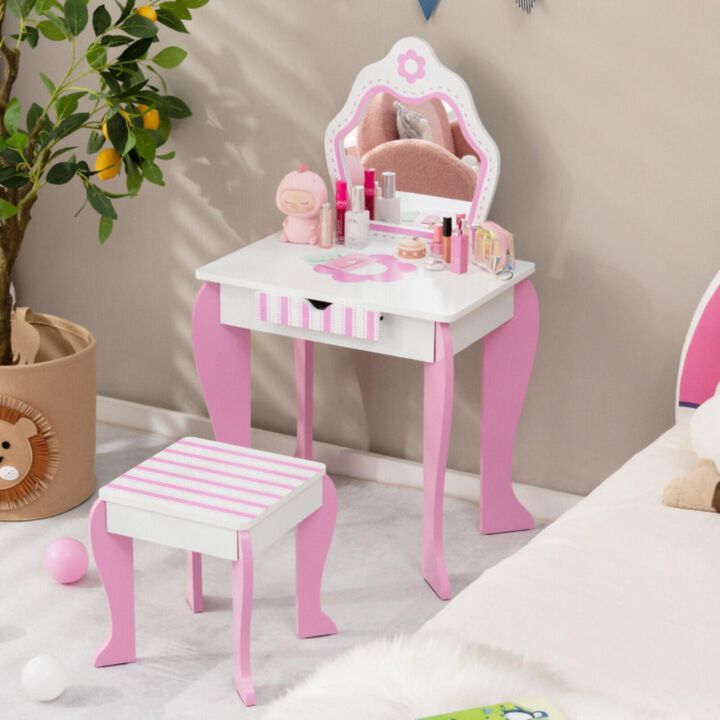 Hivvago 2-in-1 Toddler Vanity Set with Detachable Top & Cute Flower Patterns-White