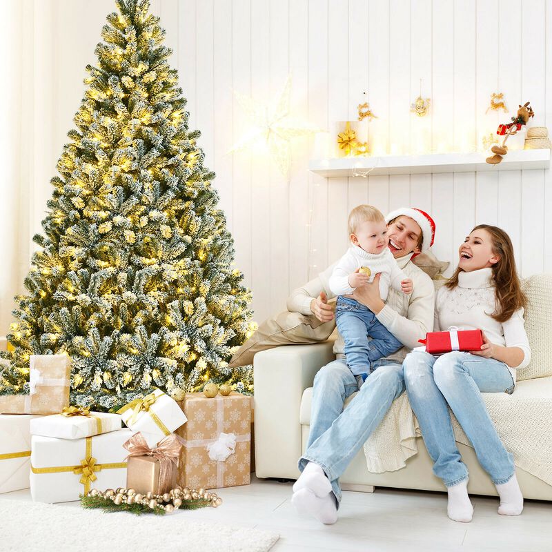 Pre-lit Snow Flocked Hinged Christmas Tree with Tips and Metal Stand